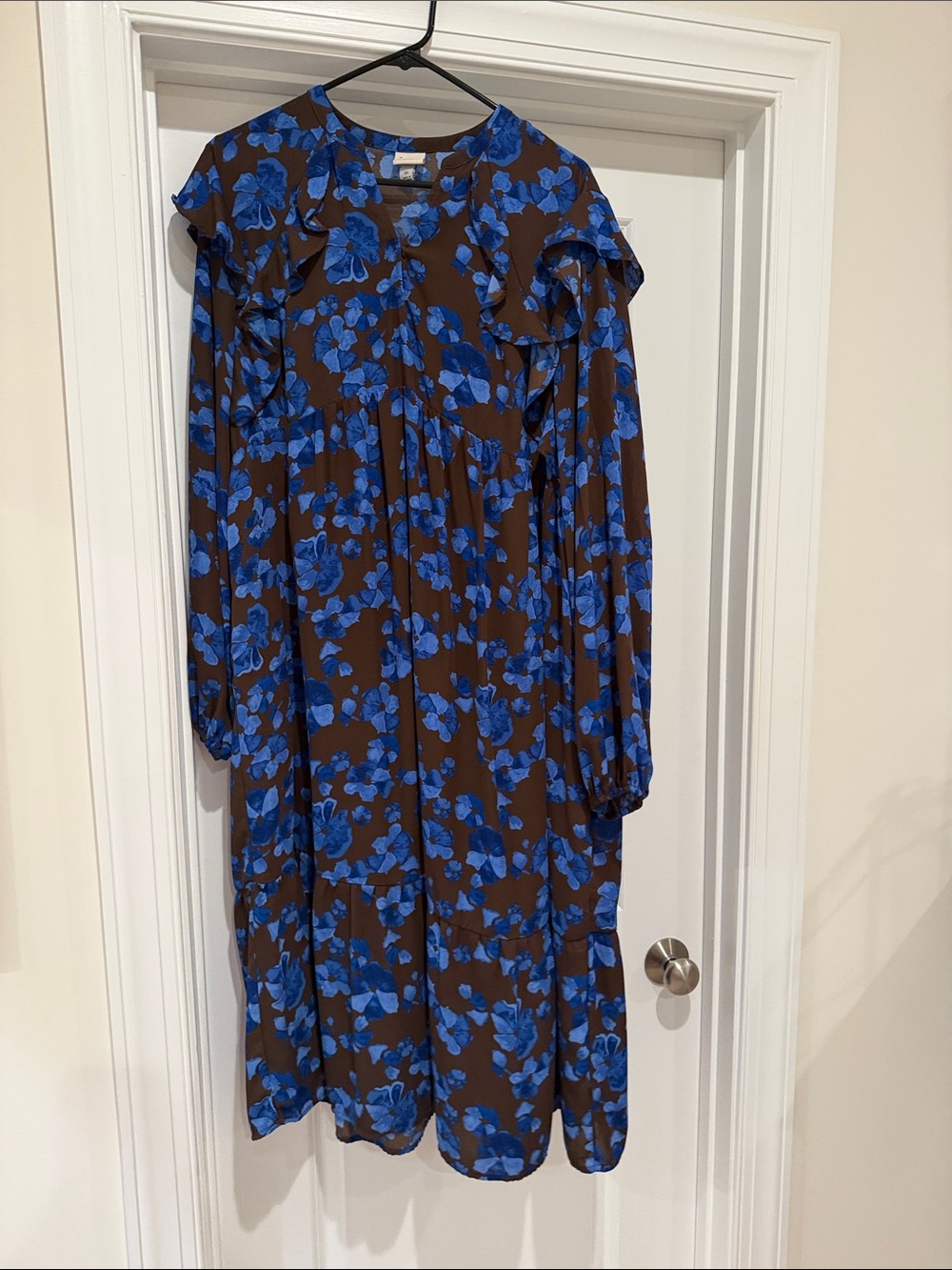a new day Brown Dress with Bright Blue Floral Print, Long Sleeve